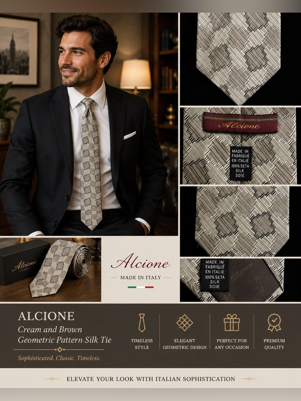 Cream and Brown Geometric Pattern Silk Tie